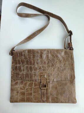 Vintage Italian Taupe genuine Leather Croc Embossed Messenger Bag